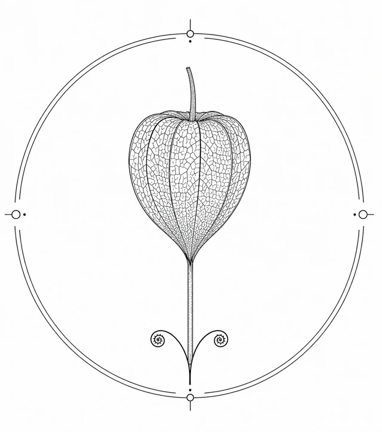 Minimal Scandinavian botanical illustration of a single physalis husk with a lantern-shaped papery husk, delicate vein structure, and slender stem inside a botanical seal frame, centered composition, fine black linework, and a pure white background.