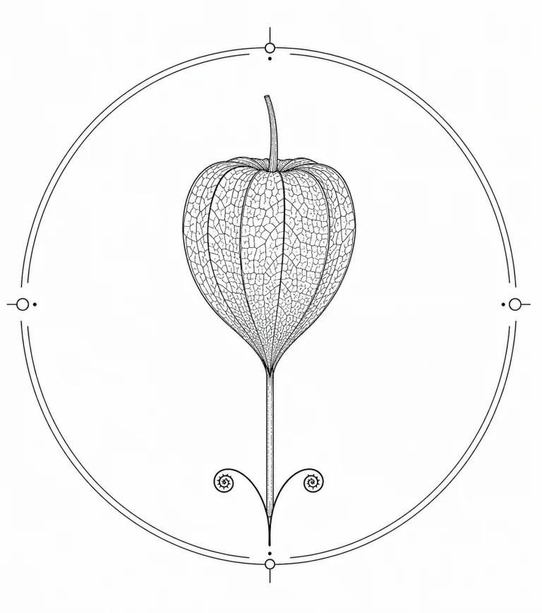 Minimal Scandinavian botanical illustration of a single physalis husk with a lantern-shaped papery husk, delicate vein structure, and slender stem inside a botanical seal frame, centered composition, fine black linework, and a pure white background.