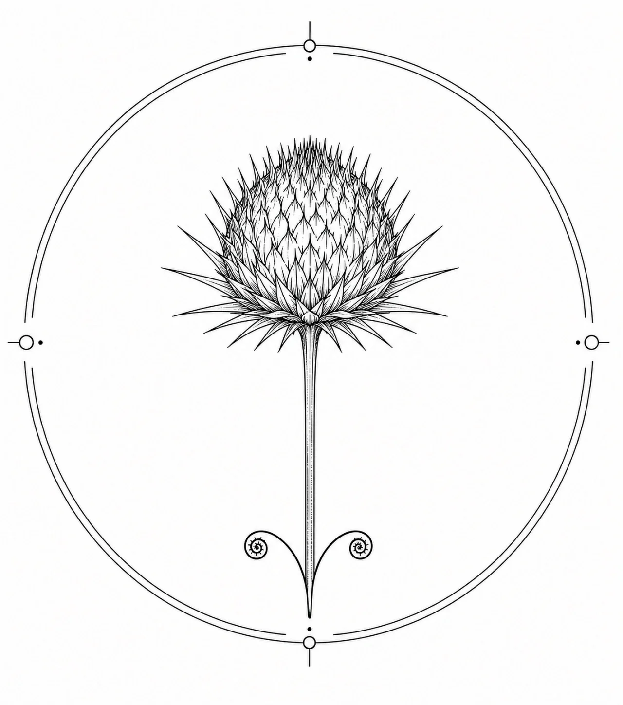 Minimal Scandinavian botanical illustration of a single milk thistle flower head with a rounded flower head, sharp radiating bracts, and a straight slender stem inside a botanical seal frame, centered composition, fine black linework, and a pure white background.