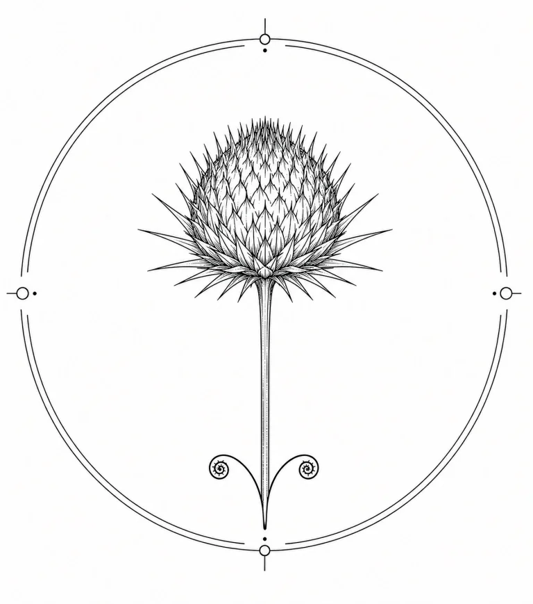 Minimal Scandinavian botanical illustration of a single milk thistle flower head with a rounded flower head, sharp radiating bracts, and a straight slender stem inside a botanical seal frame, centered composition, fine black linework, and a pure white background.