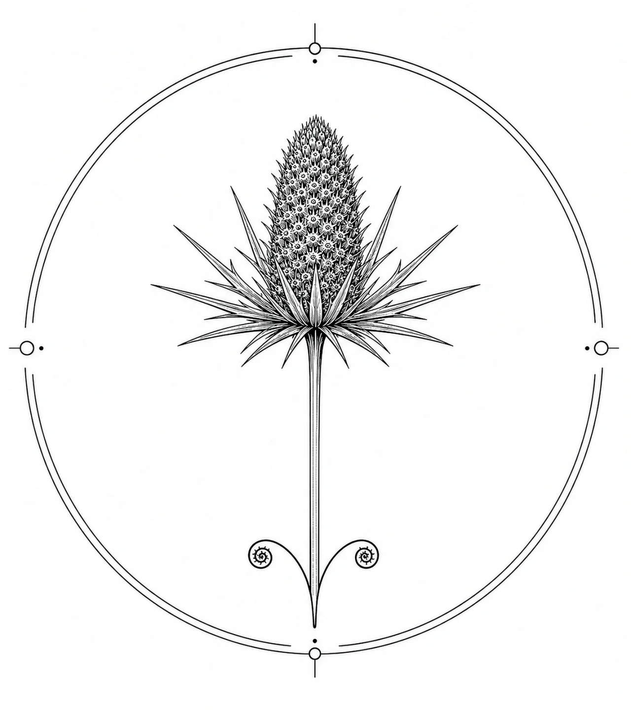 Minimal Scandinavian botanical illustration of a single sea holly flower head with a cone-shaped flower head, sharp star-shaped bracts, and a straight slender stem inside a botanical seal frame, centered composition, fine black linework, and a pure white background.
