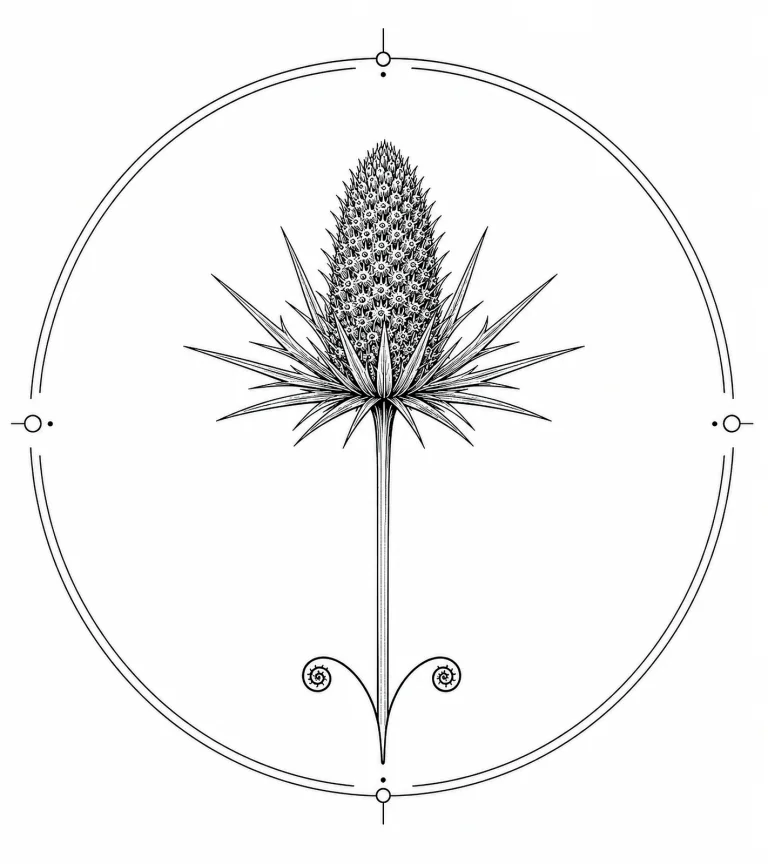 Minimal Scandinavian botanical illustration of a single sea holly flower head with a cone-shaped flower head, sharp star-shaped bracts, and a straight slender stem inside a botanical seal frame, centered composition, fine black linework, and a pure white background.
