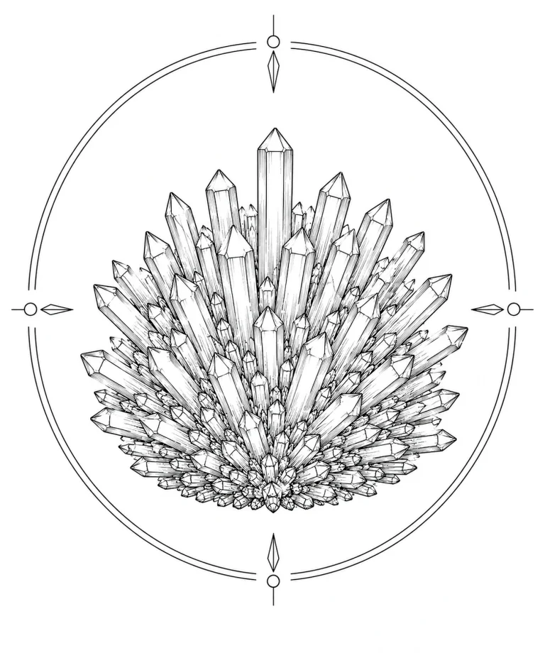 Minimal Scandinavian illustration of a natural amethyst crystal cluster featuring tall slender crystal points arranged in a balanced geometric composition inside a minimalist circular mineral frame with fine black linework on a pure white background.