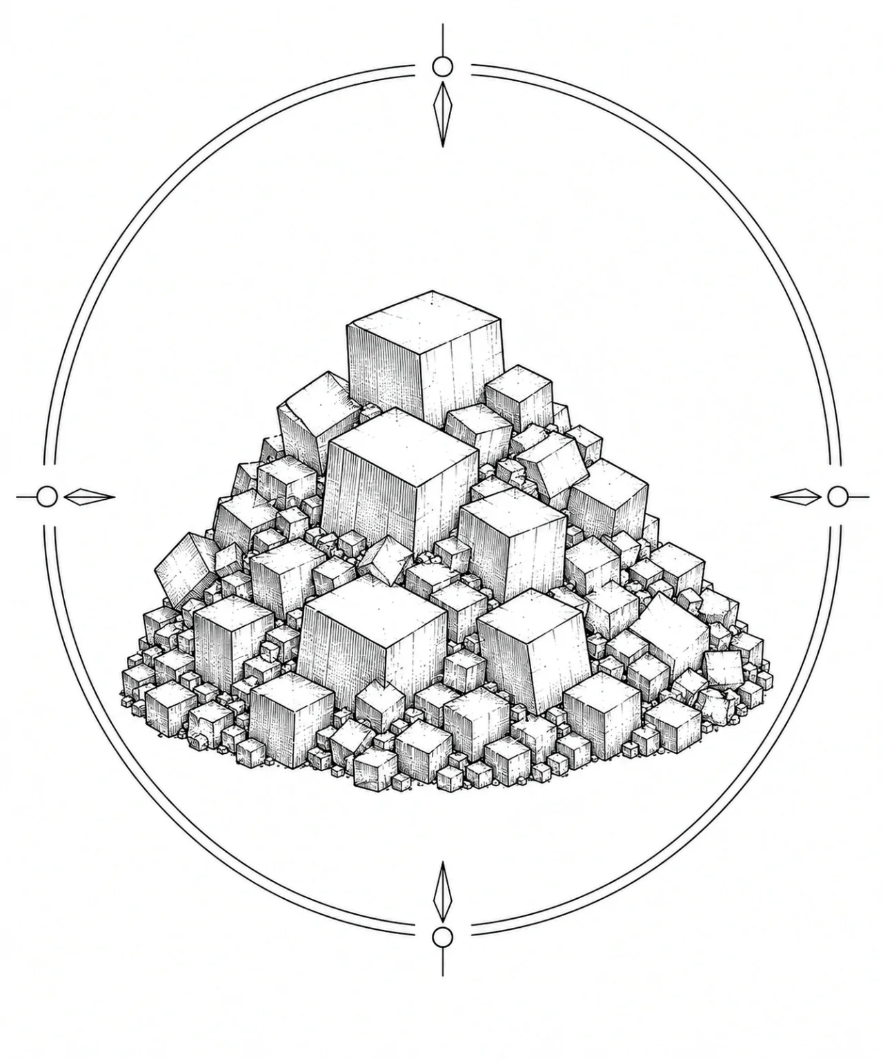 Minimal Scandinavian illustration of a natural pyrite crystal cluster featuring stacked cubic crystals arranged in a balanced geometric composition inside a minimalist circular mineral frame with fine black linework on a pure white background.