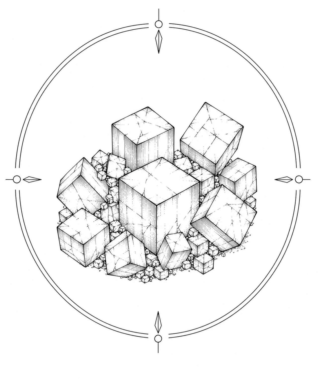 Minimal Scandinavian illustration of a balanced fluorite crystal group featuring geometric cubic crystals arranged with harmonious spacing inside a minimalist circular mineral frame with fine black linework on a pure white background.