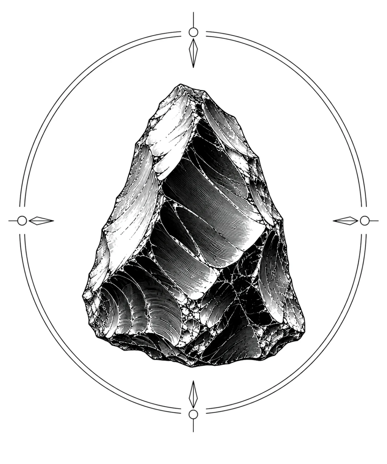 Minimal Scandinavian illustration of a monolithic obsidian rock with sharp fractured edges inside a minimalist circular mineral frame, drawn with clean black linework on a pure white background.
