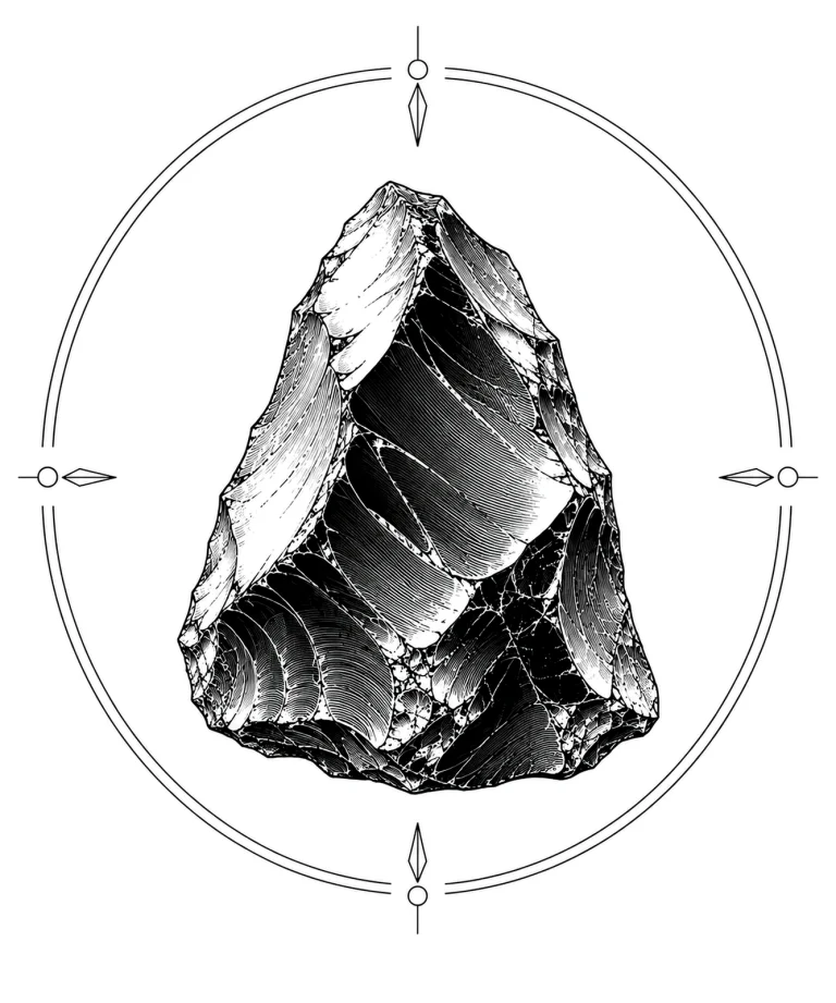 Minimal Scandinavian illustration of a monolithic obsidian rock with sharp fractured edges inside a minimalist circular mineral frame, drawn with clean black linework on a pure white background.