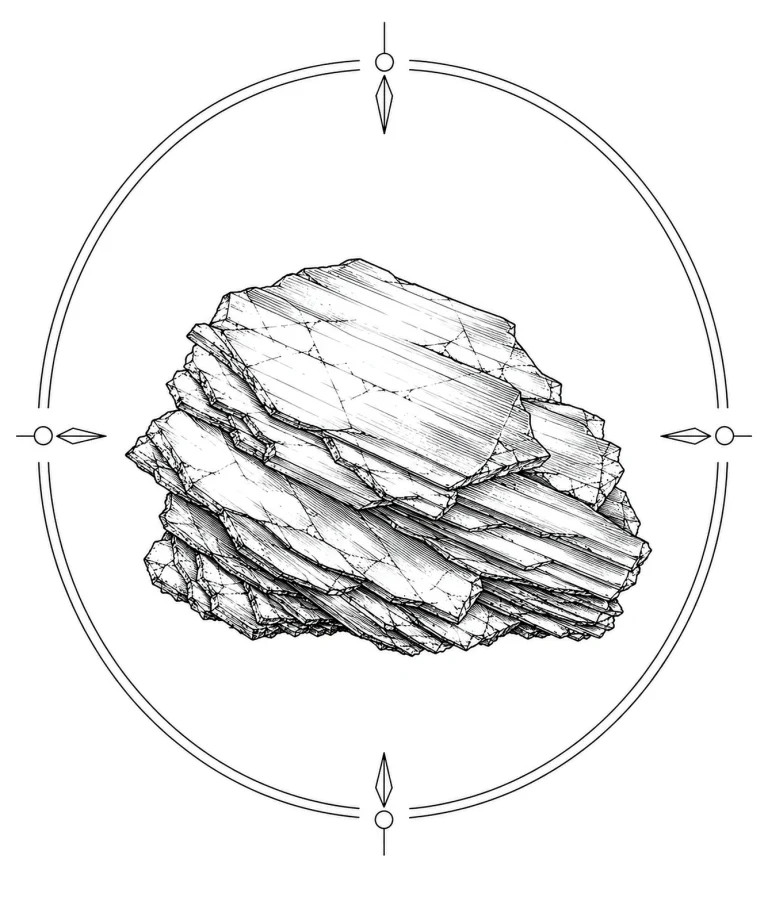 Minimal Scandinavian illustration of layered labradorite mineral plates arranged in a flowing horizontal composition inside a minimalist circular mineral frame with clean black linework on a white background.