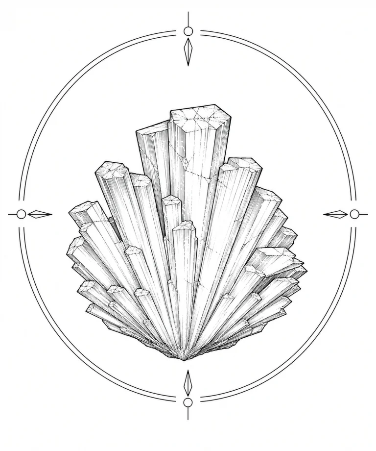 Minimal Scandinavian illustration of a fan-shaped calcite crystal cluster expanding upward from a single point inside a geometric circular mineral frame with clean monochrome linework on a white background.