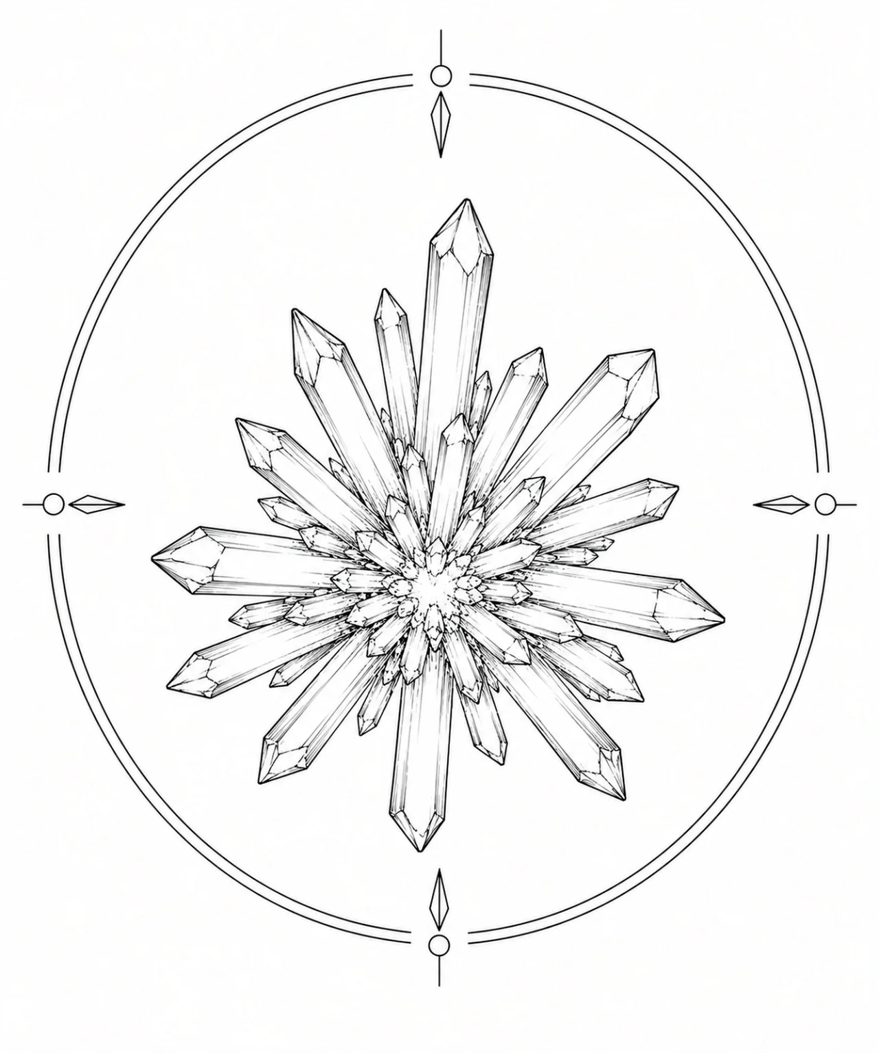 Minimal Scandinavian illustration of a starburst celestite crystal cluster radiating from a central point inside a geometric circular mineral frame with clean monochrome linework on a white background.