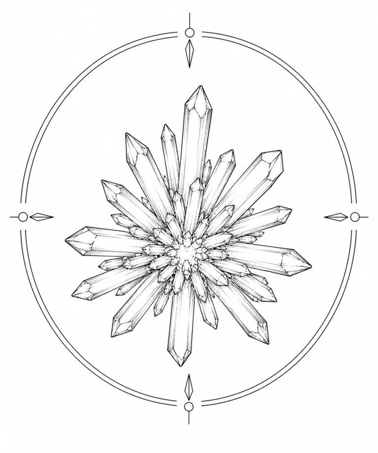 Minimal Scandinavian illustration of a starburst celestite crystal cluster radiating from a central point inside a geometric circular mineral frame with clean monochrome linework on a white background.