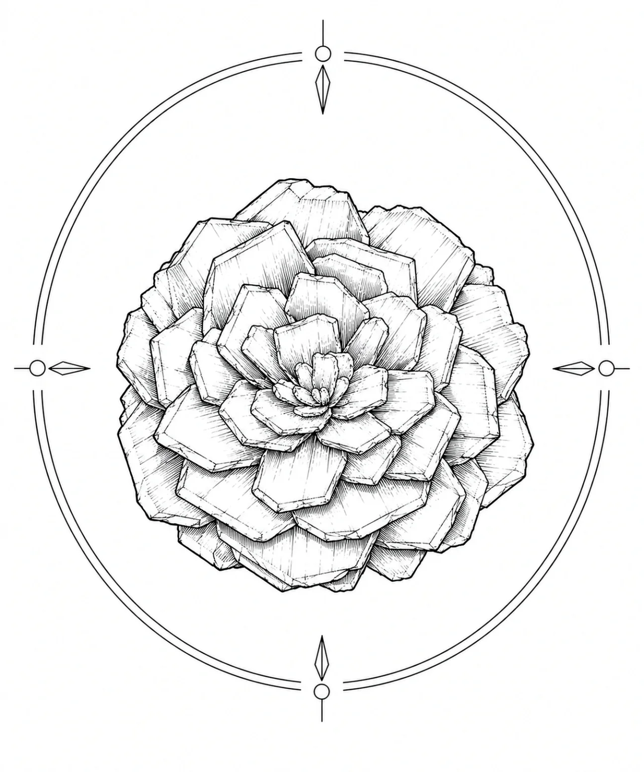 Minimal Scandinavian illustration of a barite rosette crystal aggregate formed by layered plate-like crystals arranged in a balanced circular composition inside a geometric mineral frame with monochrome linework on a white background.