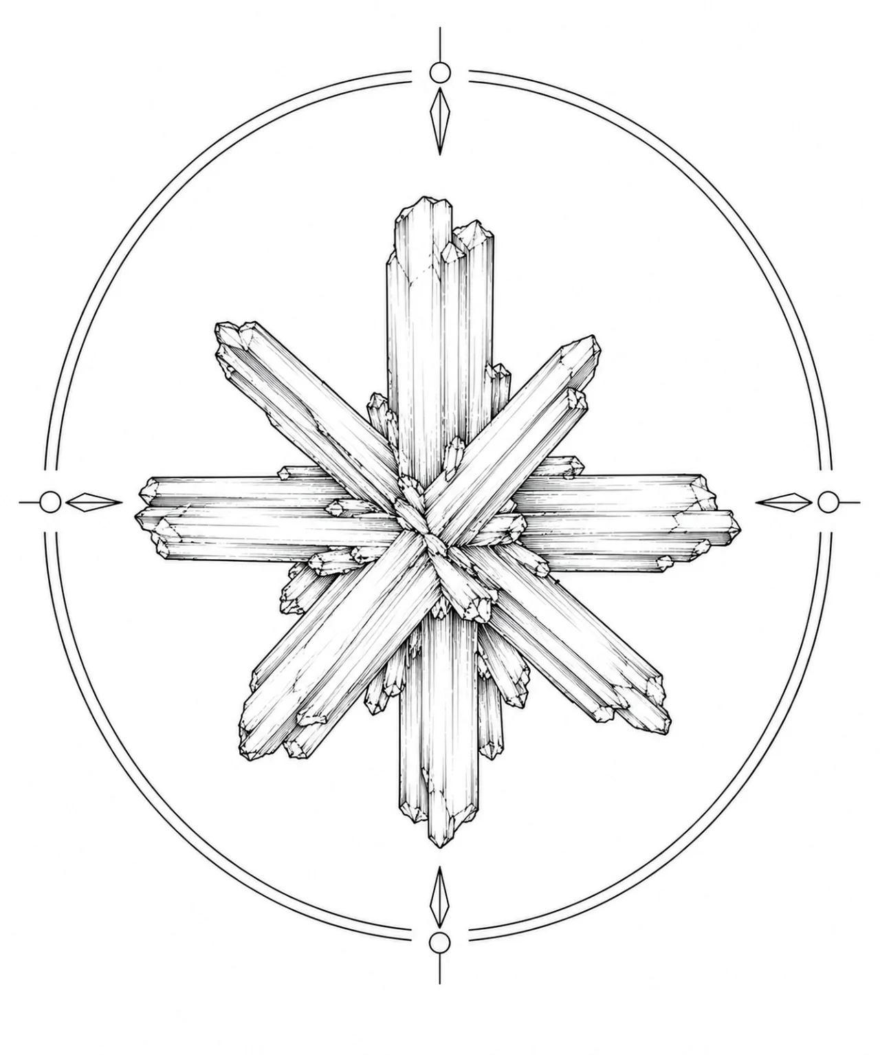 Minimal Scandinavian illustration of intersecting gypsum crystals forming a balanced cross-shaped mineral composition inside a geometric mineral frame with monochrome linework on a white background.