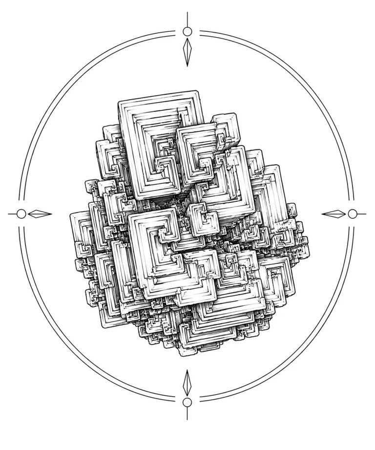 Minimal Scandinavian illustration of a terraced hopper bismuth crystal with stepped geometric architecture inside a modern mineral frame using monochrome linework on a white background.