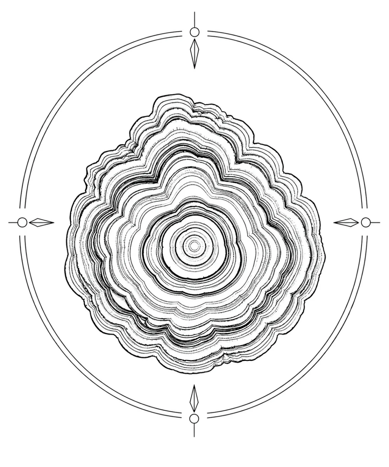 Minimal Scandinavian illustration of a malachite emblem featuring organic concentric layered bands inside a geometric mineral frame with monochrome linework on a white background.
