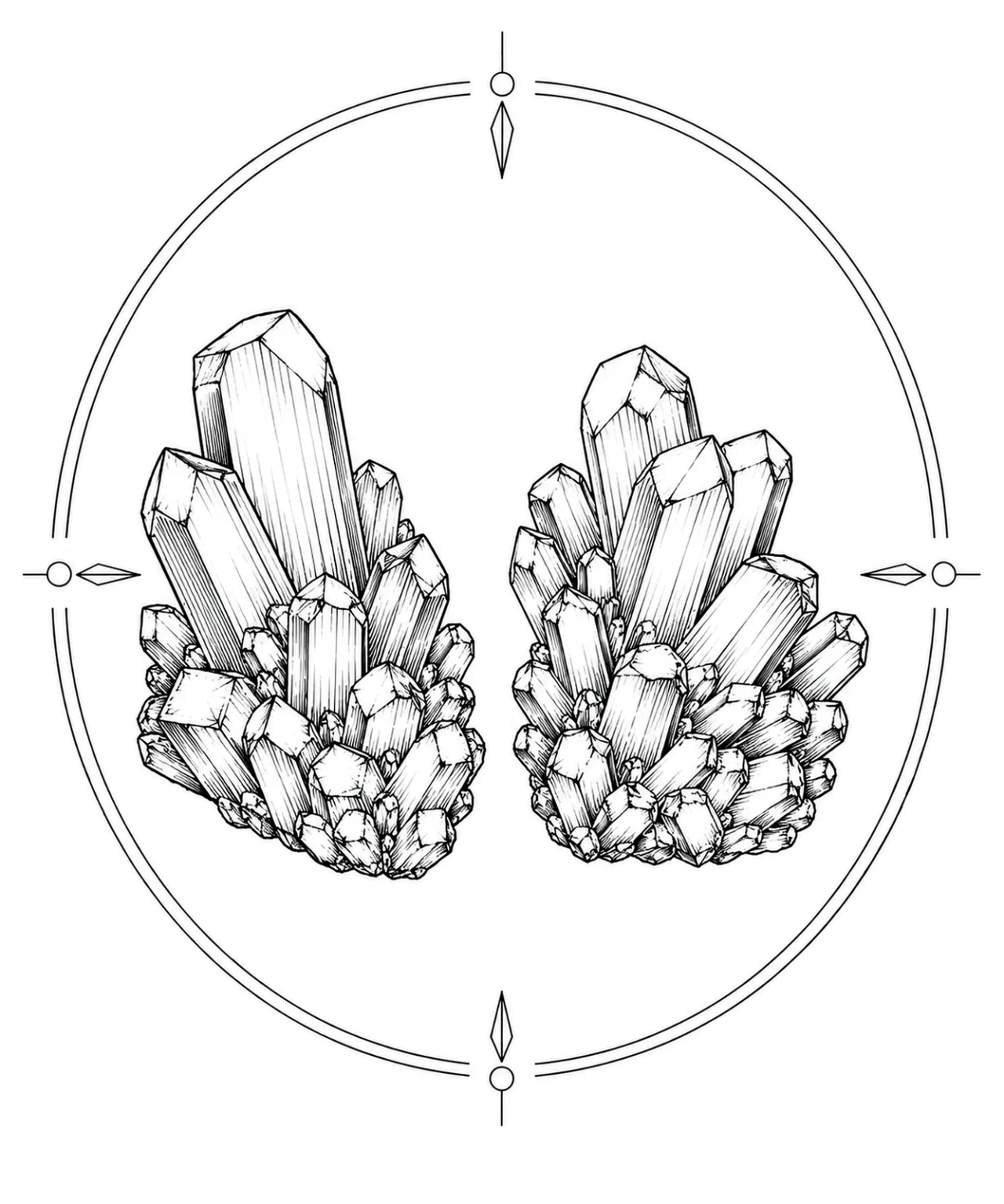 Minimal Scandinavian illustration of two balanced azurite crystal clusters facing each other inside a geometric mineral frame with monochrome linework on a white background.