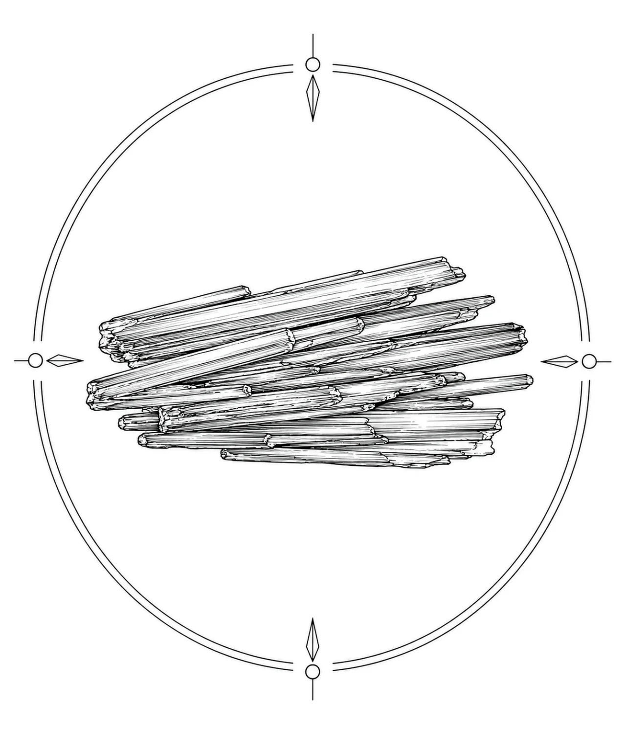 Minimal Scandinavian illustration of parallel kyanite blade crystals aligned in one direction inside a geometric mineral frame with monochrome linework on a white background.