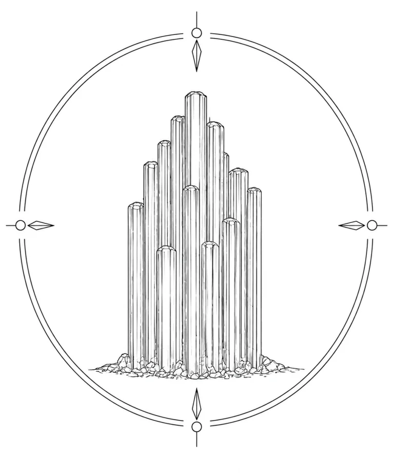 Minimal Scandinavian illustration of parallel fibrous selenite crystals arranged in an orderly vertical formation inside a geometric mineral frame with monochrome linework on a white background.