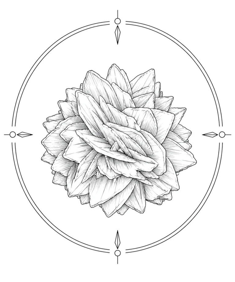 Minimal Scandinavian illustration of a layered gypsum rose rosette crystal inside a geometric mineral frame with monochrome linework on a white background.
