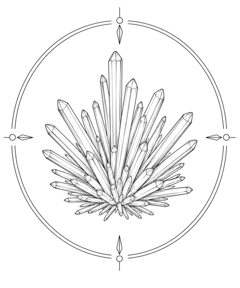 Minimal Scandinavian illustration of radiating aragonite needle crystals expanding upward from a central point inside a geometric mineral frame with monochrome linework on a white background.
