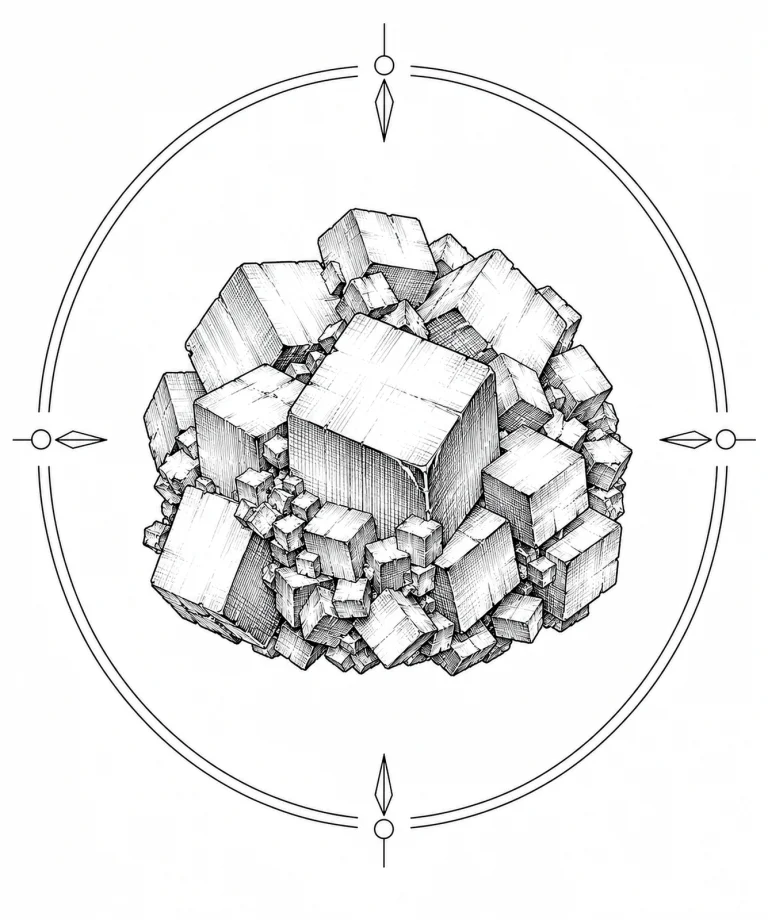 Minimal Scandinavian illustration of a solid block-like galena cubic crystal aggregate inside a geometric mineral frame with monochrome linework on a white background.