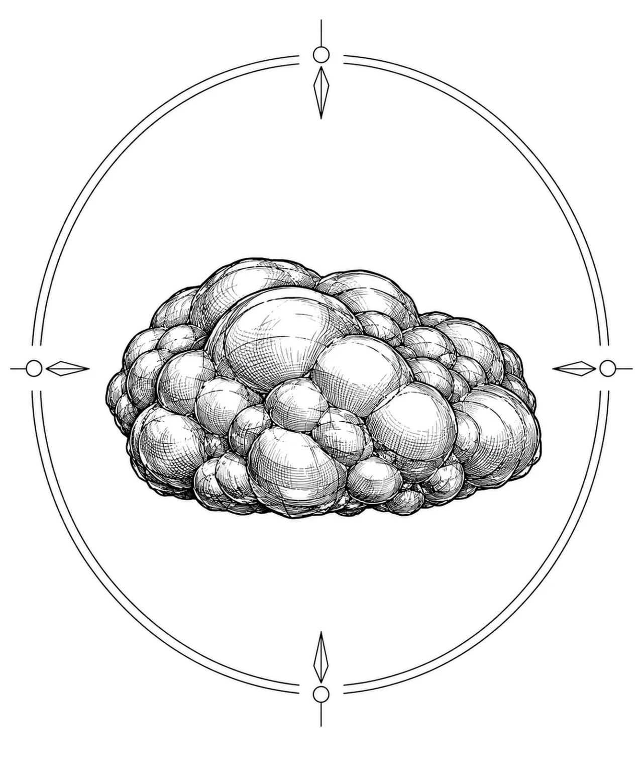 Minimal Scandinavian illustration of a low wide botryoidal hematite aggregate inside a geometric mineral frame with monochrome linework on a white background.