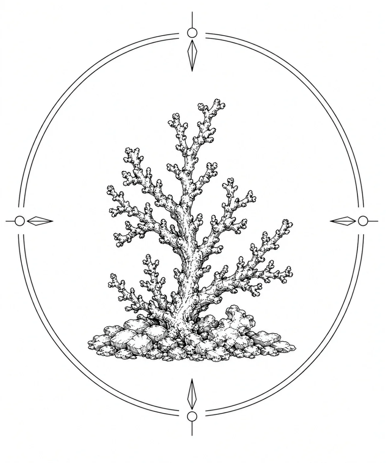 Minimal Scandinavian illustration of a branching dendritic native copper crystal inside a geometric mineral frame with monochrome linework on a white background.