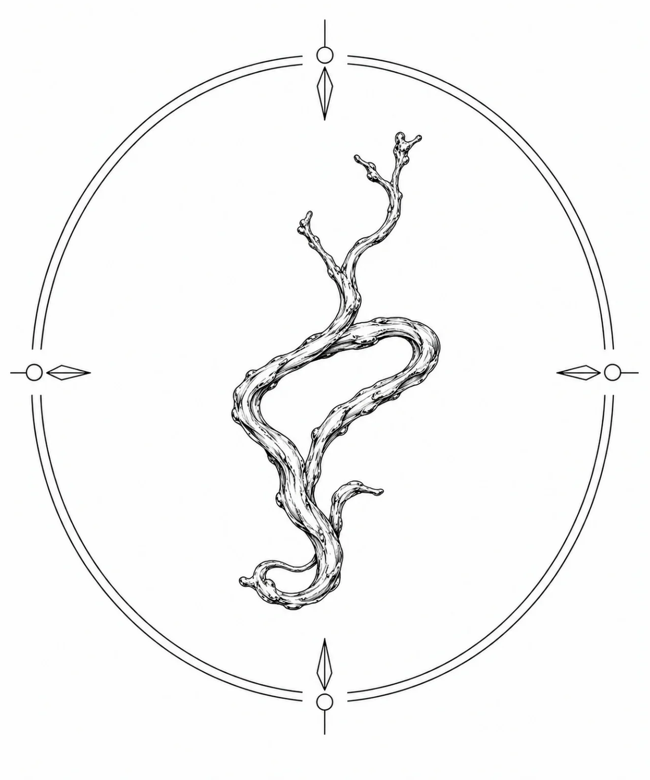 Minimal Scandinavian illustration of a flowing wire native silver crystal inside a geometric mineral frame with monochrome linework on a white background.