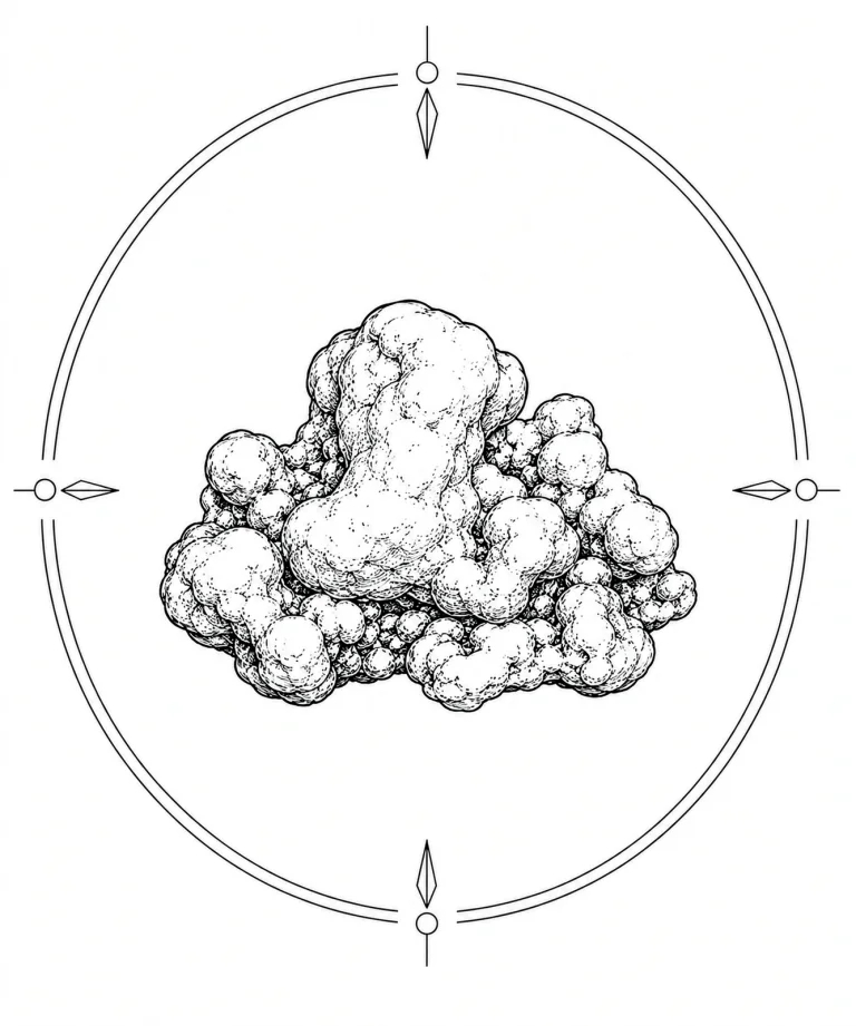 Minimal Scandinavian illustration of rounded native gold nugget formations inside a geometric mineral frame with monochrome linework on a white background.