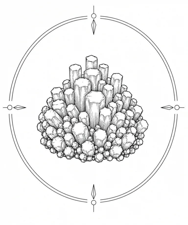 Minimal Scandinavian illustration of a dense vanadinite hexagonal prism crystal cluster inside a geometric mineral frame with monochrome linework on a white background.