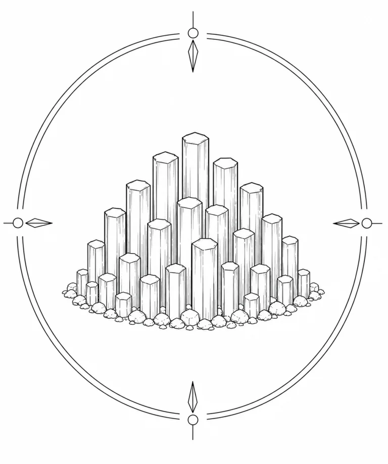 Minimal Scandinavian illustration of parallel fluorapatite hexagonal prism crystal clusters inside a geometric mineral frame with monochrome linework on a white background.