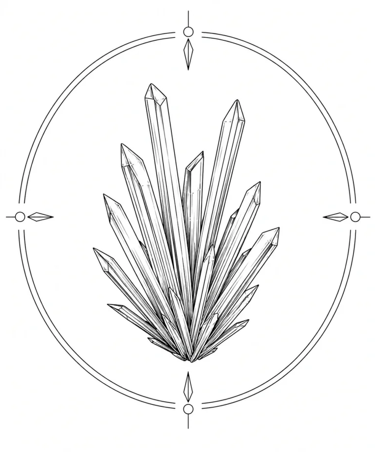 Minimal Scandinavian illustration of a radiating spray of bladed stibnite crystals inside a geometric mineral frame with monochrome linework on a white background.