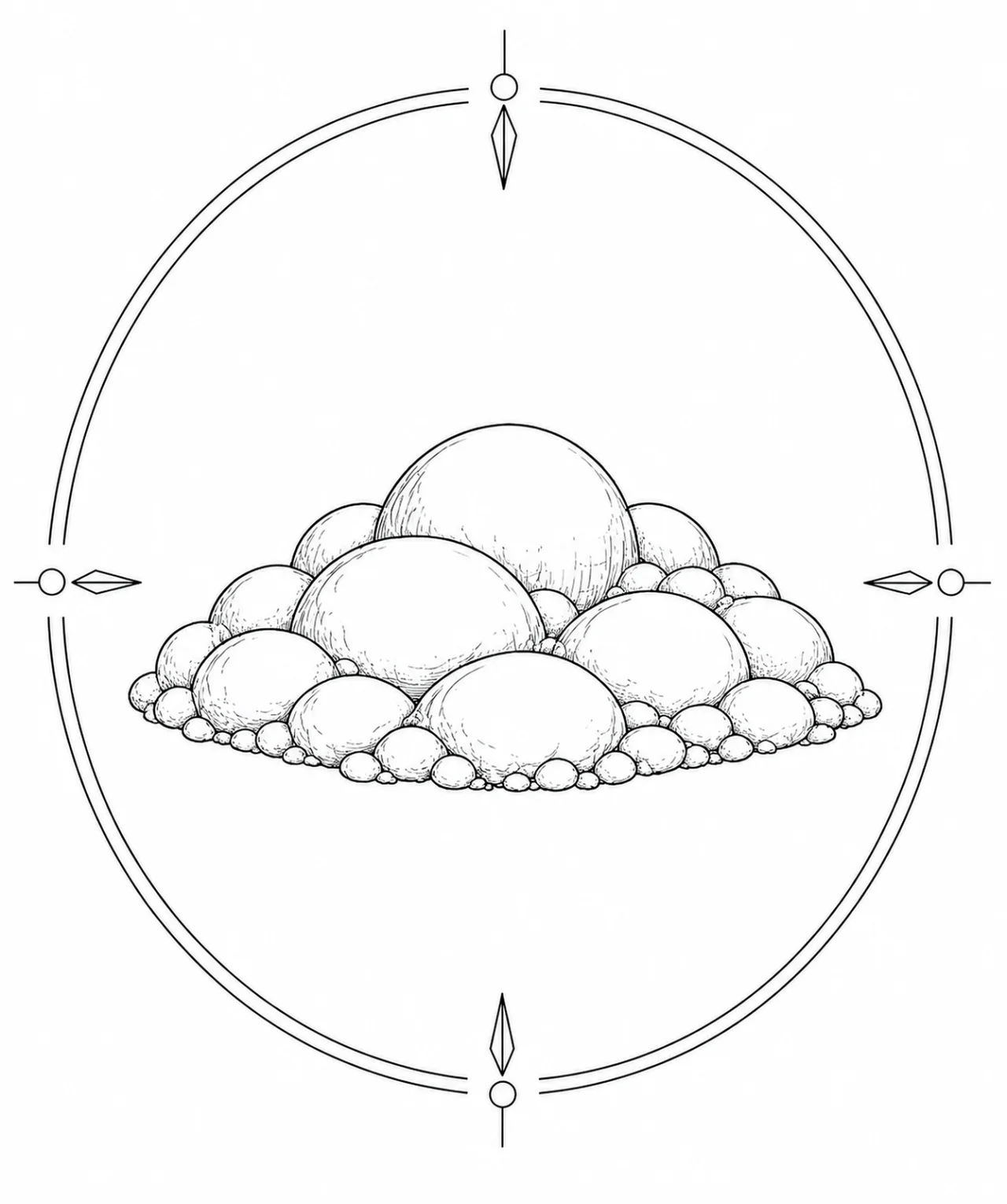 Minimal Scandinavian illustration of a smooth botryoidal smithsonite mineral with rounded dome formations inside a geometric mineral frame on a white background.