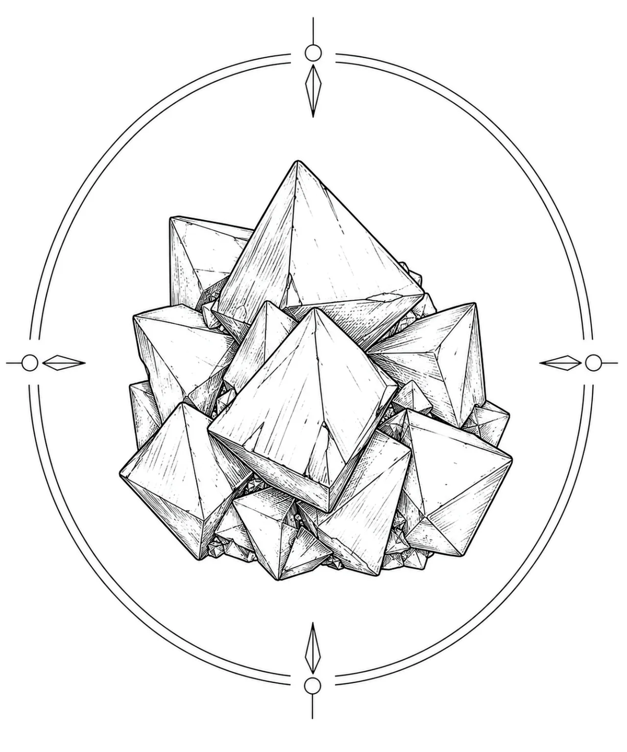Minimal Scandinavian illustration of an intergrown Chalcopyrite crystal cluster with interlocking tetrahedral crystals inside a geometric mineral frame on a white background.