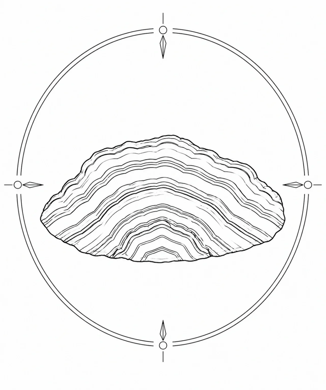 Minimal Scandinavian illustration of layered Rhodochrosite banded formations with gentle arching mineral layers inside a geometric mineral frame on a white background.