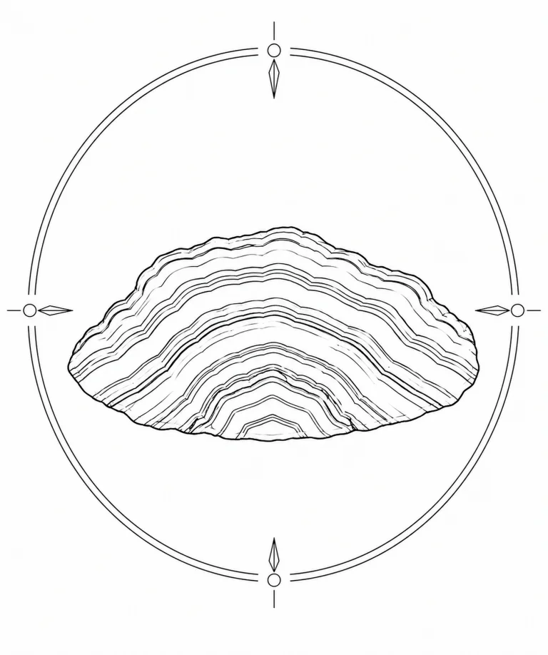 Minimal Scandinavian illustration of layered Rhodochrosite banded formations with gentle arching mineral layers inside a geometric mineral frame on a white background.