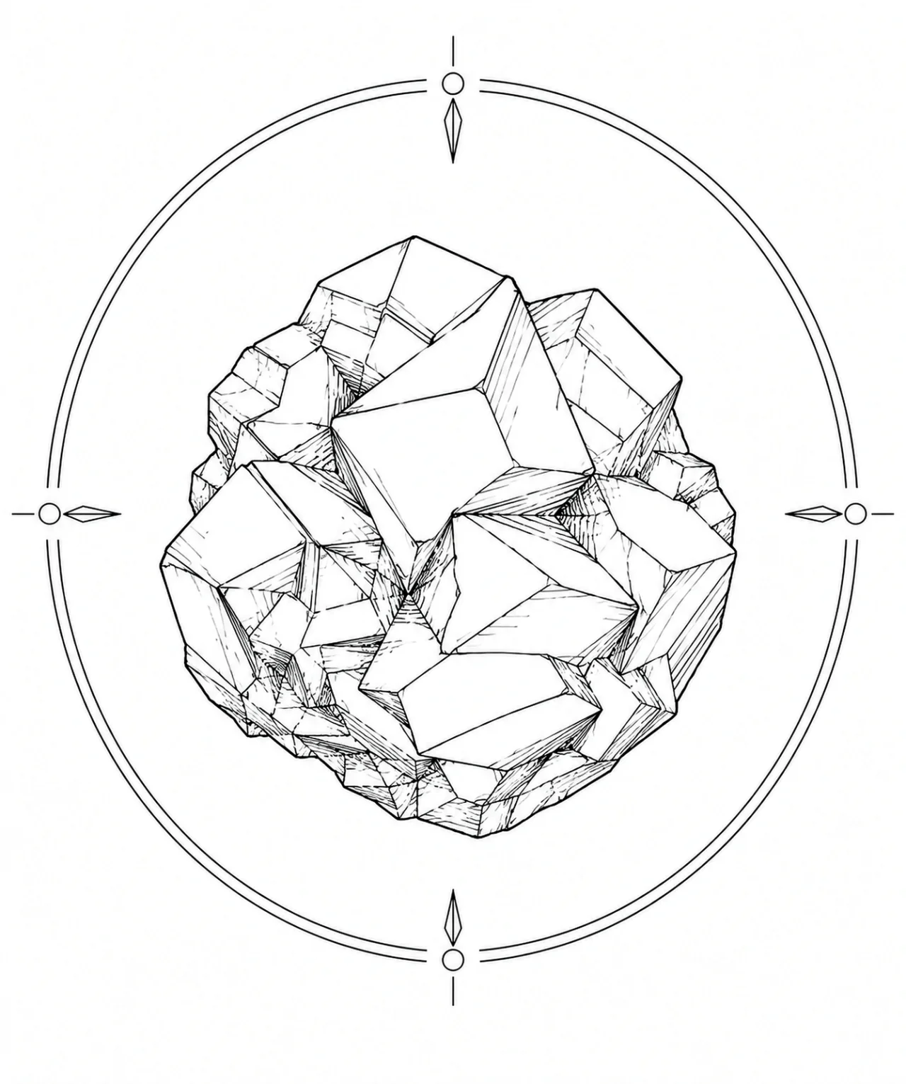 Minimal Scandinavian illustration of folded Bornite crystal facets with layered irregular geometric crystal faces inside a geometric mineral frame on a white background.