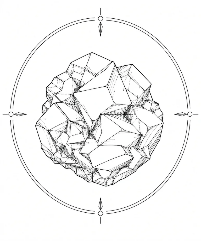 Minimal Scandinavian illustration of folded Bornite crystal facets with layered irregular geometric crystal faces inside a geometric mineral frame on a white background.