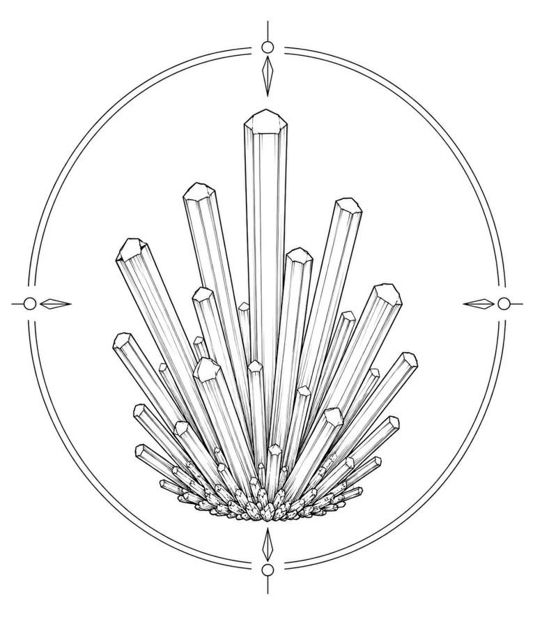 Minimal Scandinavian illustration of radiating Crocoite prismatic crystal clusters extending upward from a single origin inside a geometric mineral frame on a white background.