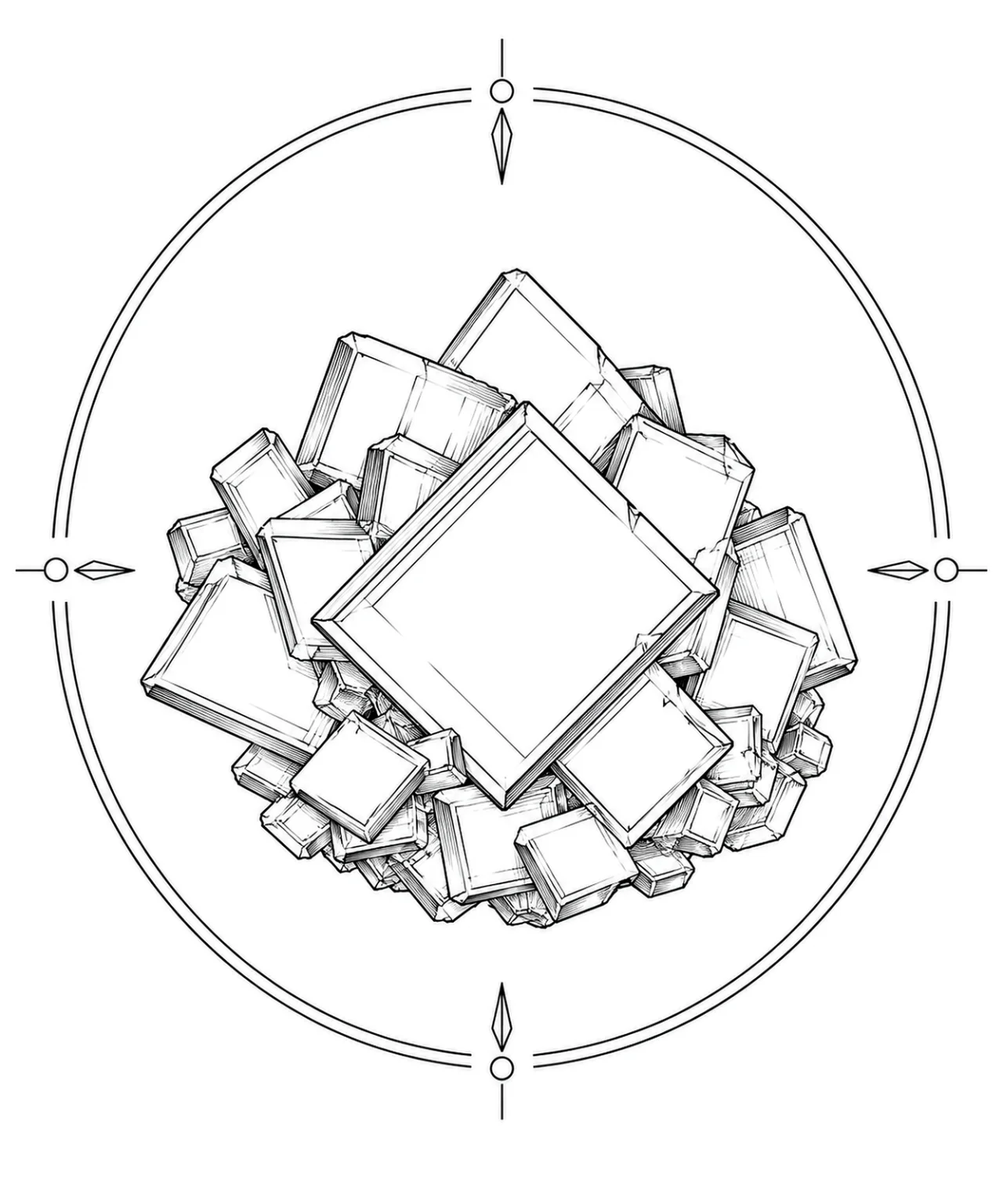 Minimal Scandinavian illustration of layered square tabular Wulfenite crystals arranged in balanced geometric symmetry inside a geometric mineral frame on a white background.
