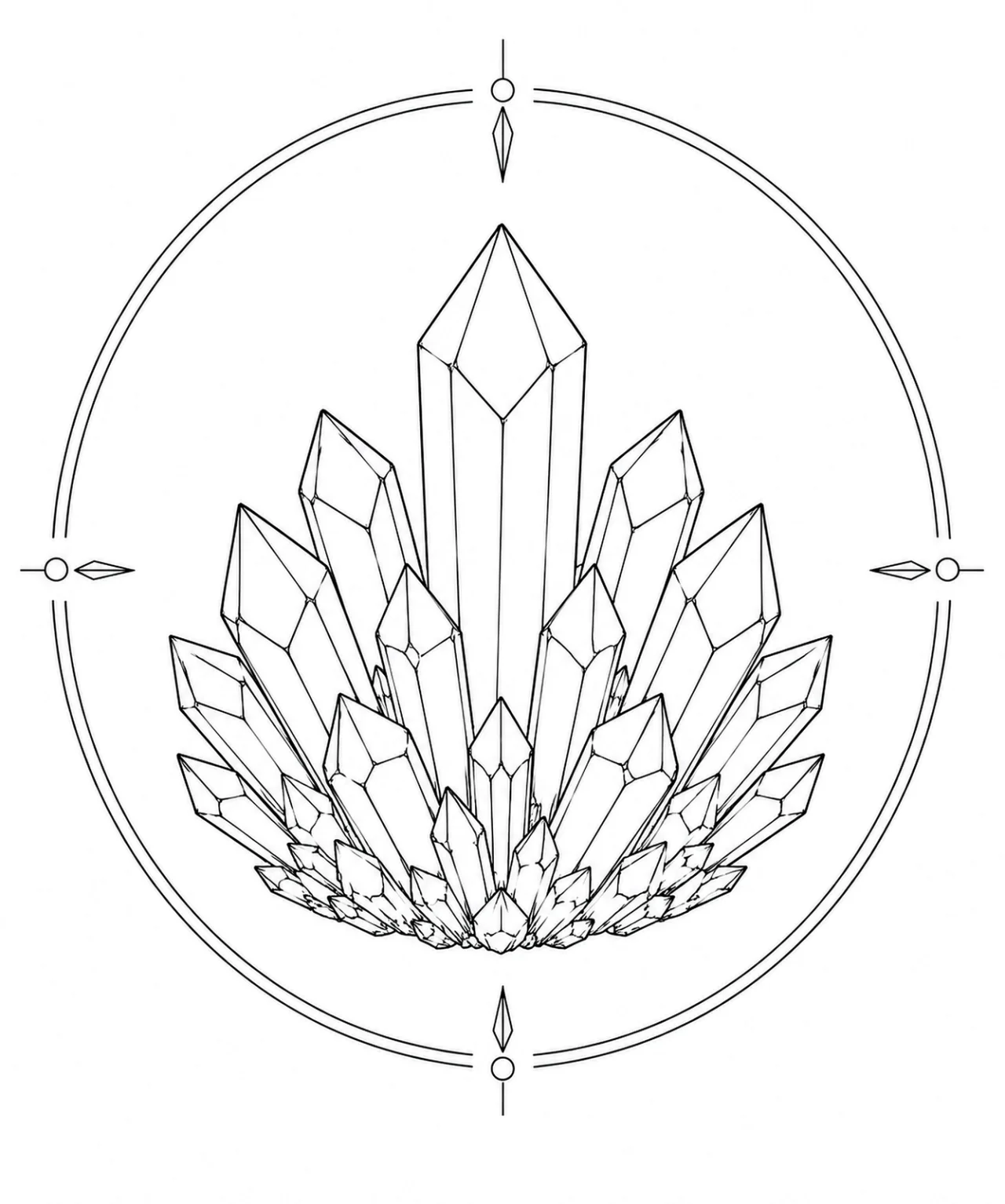 Minimal Scandinavian illustration of rhombohedral Dioptase crystal clusters forming a crown-like geometric silhouette inside a mineral frame on a white background.
