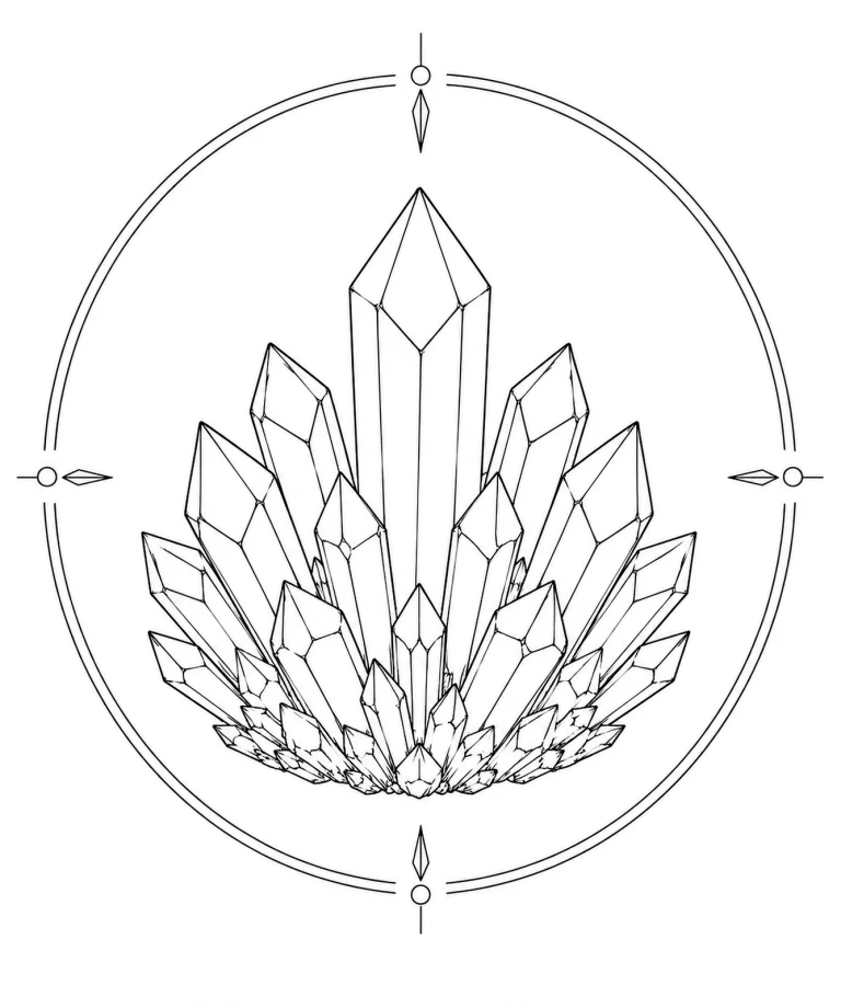 Minimal Scandinavian illustration of rhombohedral Dioptase crystal clusters forming a crown-like geometric silhouette inside a mineral frame on a white background.
