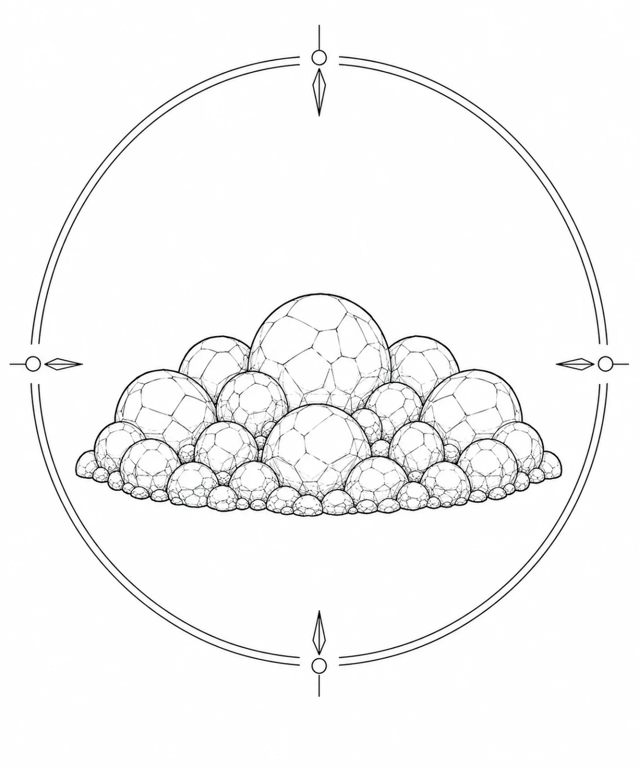 Minimal Scandinavian illustration of connected botryoidal Prehnite crystal domes forming a smooth horizontal silhouette inside a geometric mineral frame on a white background.