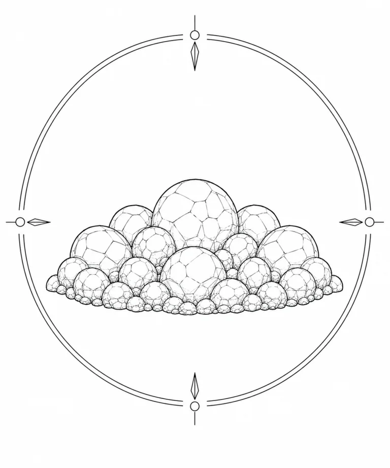 Minimal Scandinavian illustration of connected botryoidal Prehnite crystal domes forming a smooth horizontal silhouette inside a geometric mineral frame on a white background.