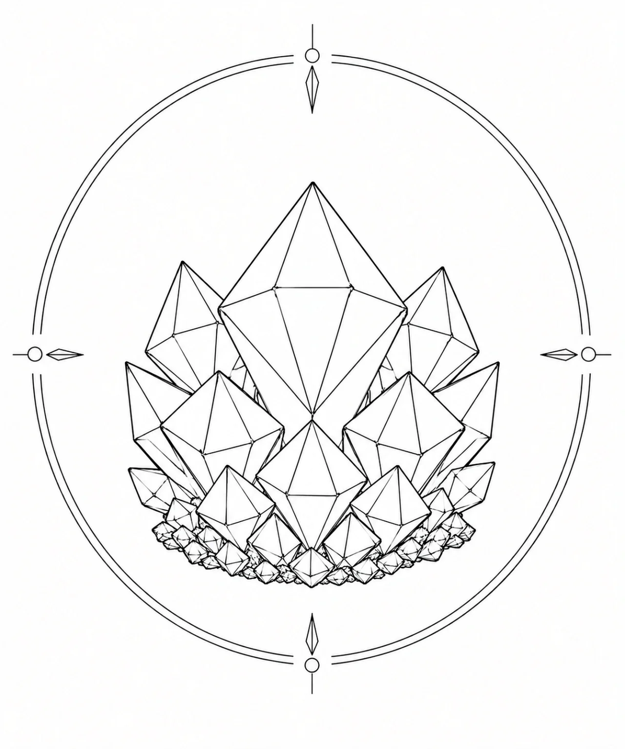 Minimal Scandinavian illustration of balanced dipyramidal Scheelite crystals forming a pyramid-like geometric cluster inside a mineral frame on a white background.