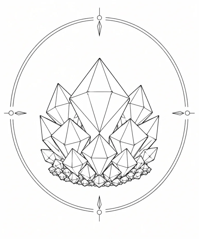 Minimal Scandinavian illustration of balanced dipyramidal Scheelite crystals forming a pyramid-like geometric cluster inside a mineral frame on a white background.