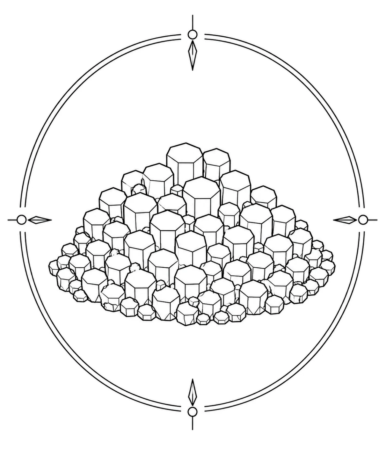 Minimal Scandinavian illustration of dense hexagonal barrel-shaped Mimetite crystals forming a honeycomb-like geometric cluster inside a mineral frame on a white background.