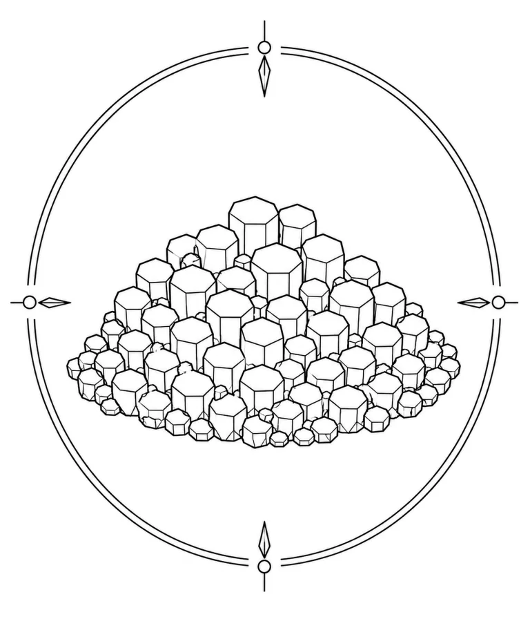 Minimal Scandinavian illustration of dense hexagonal barrel-shaped Mimetite crystals forming a honeycomb-like geometric cluster inside a mineral frame on a white background.