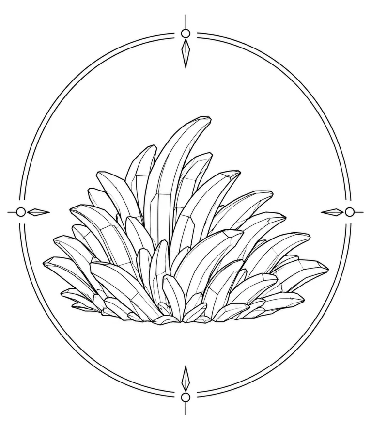 Minimal Scandinavian illustration of gently curved bladed Acanthite crystals layered into a flowing geometric silhouette inside a mineral frame on a white background.