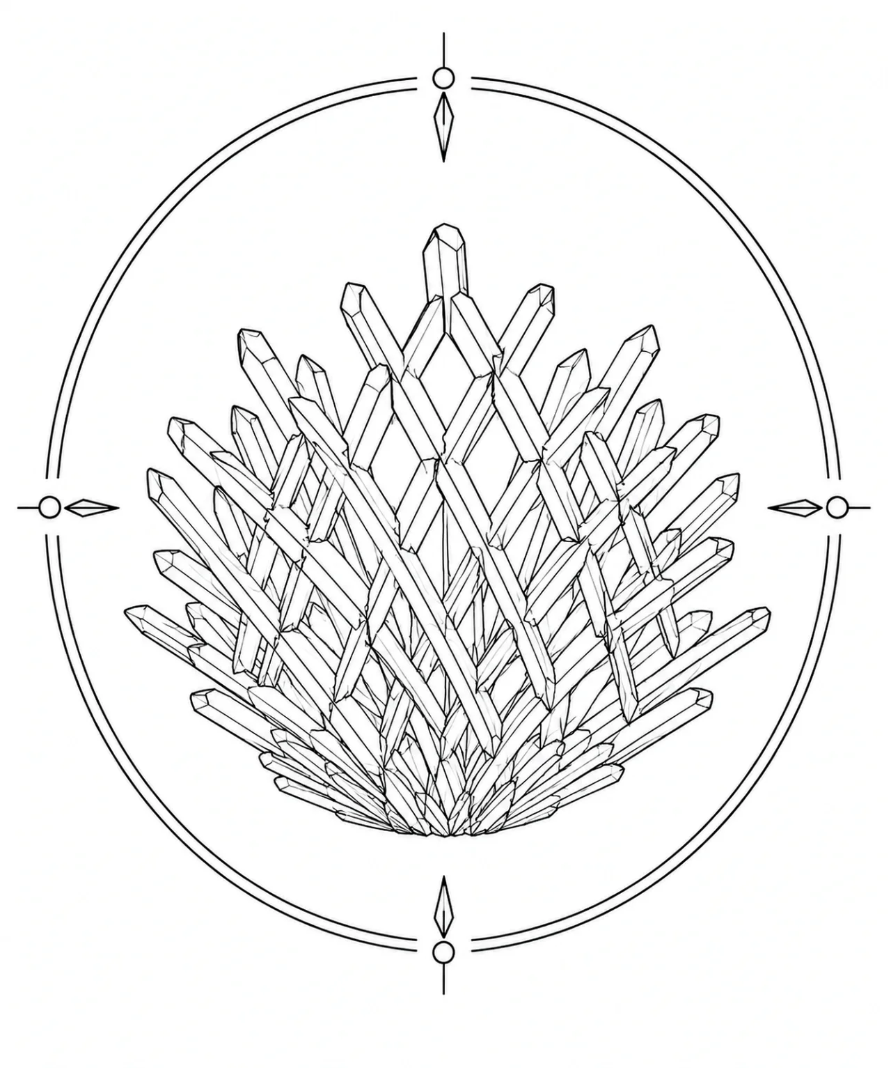 Minimal Scandinavian illustration of delicate reticulated twinned Cerussite crystals forming a graceful fan-shaped geometric silhouette inside a mineral frame on a white background.